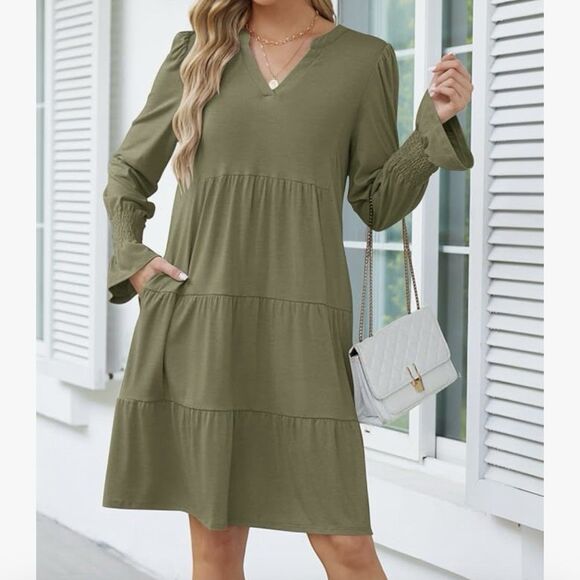 New Marokeety Long Sleeve Ruffle Midi Dress Olive V-Neck Pockets Women's Small - Picture 5 of 10